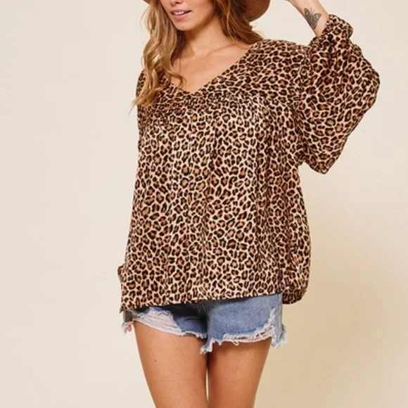 012 Boho Leopard Print Loose Fit Babydoll Top - Picture 4 of 6